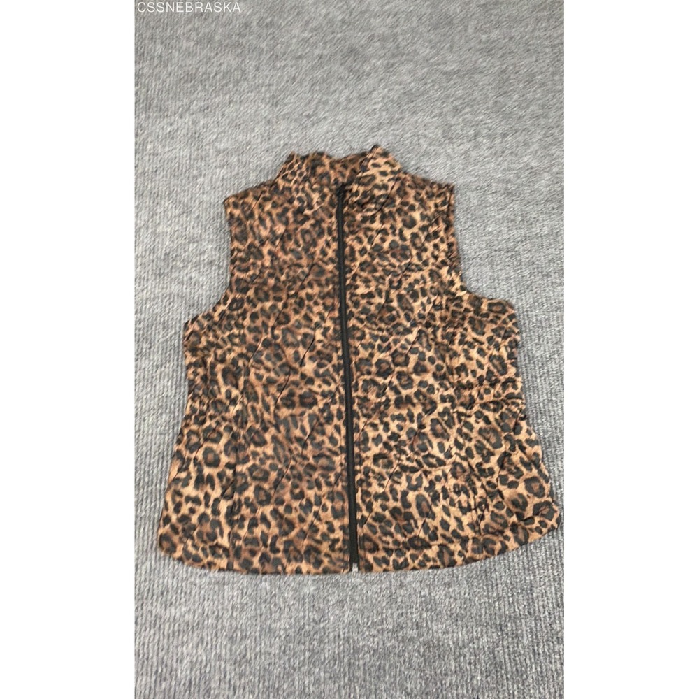 Talbots Brown Black Womens Leopard Print Puffer Vest Quilted Full Zip - Size L